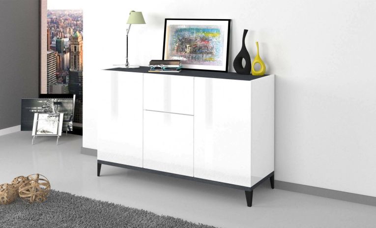Credenza Giorgio, Madia da cucina a 3 ante e 1 cassetto, Buffet da soggiorno, Madia da cucina, 100% Made in Italy, cm 120x40h82, Bianco lucido e Ardesia