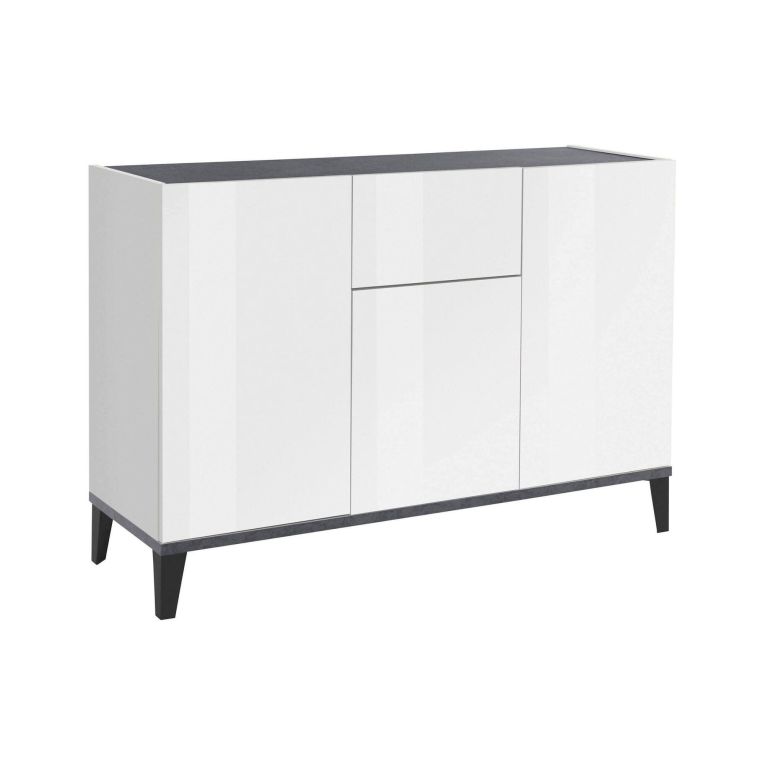 Credenza Giorgio, Madia da cucina a 3 ante e 1 cassetto, Buffet da soggiorno, Madia da cucina, 100% Made in Italy, cm 120x40h82, Bianco lucido e Ardesia