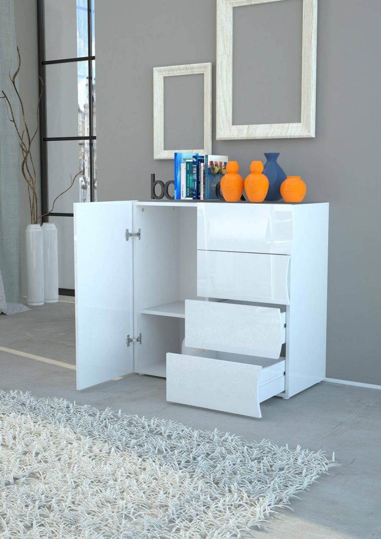 Credenza Giuseppe, Madia da cucina a 4 ante e 1 cassetto, Buffet da soggiorno, 100% Made in Italy, cm 90x40h81, Bianco lucido