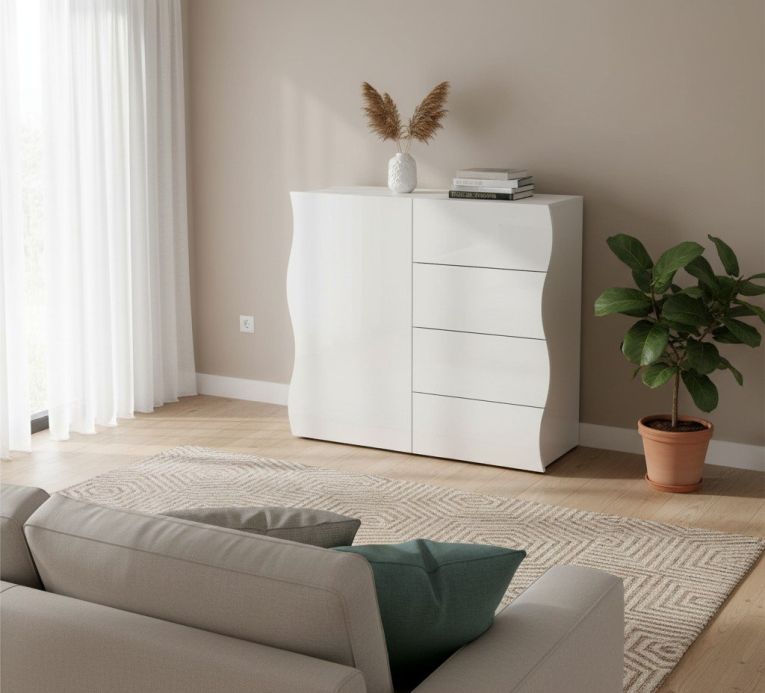 Credenza Giuseppe, Madia da cucina a 4 ante e 1 cassetto, Buffet da soggiorno, 100% Made in Italy, cm 90x40h81, Bianco lucido