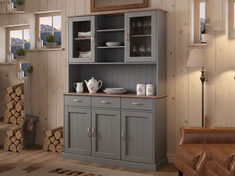 Credenza Grigio 3 Cassetti 6 Ripiani 131x45x191h cm, Apertura Battente, Scorrevole - Castana