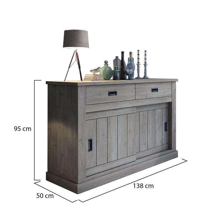 Credenza Grigio Rovere Grigio 2 Ripiani 2 Cassetti 138x50x95h cm, 2 Ante - Lupara