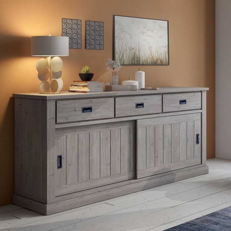Credenza Grigio Rovere Grigio 2 Ripiani 3 Cassetti 220x50x95h cm, 2 Ante - Malonno