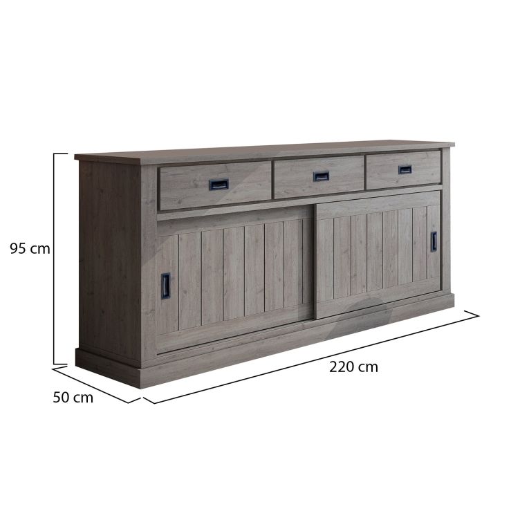 Credenza Grigio Rovere Grigio 2 Ripiani 3 Cassetti 220x50x95h cm, 2 Ante - Malonno