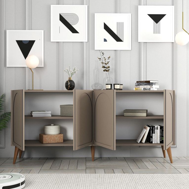 Credenza Grigio Tortora Marrone Noce 2 Ripiani 4 Ante 180x35x81h cm, 4 Vani - Niscemi