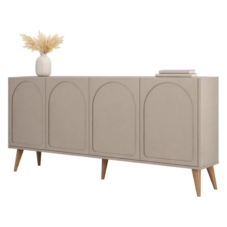 Credenza Grigio Tortora Marrone Noce 2 Ripiani 4 Ante 180x35x81h cm, 4 Vani - Niscemi