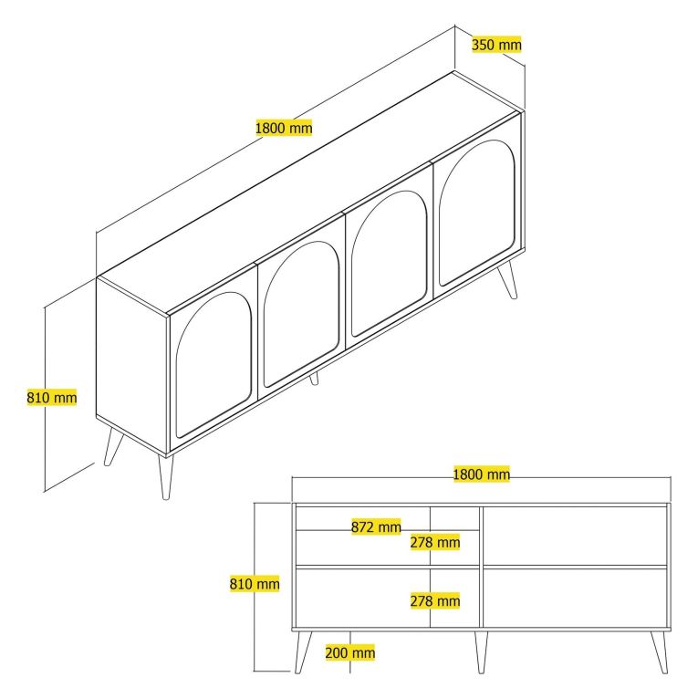 Credenza Grigio Tortora Marrone Noce 2 Ripiani 4 Ante 180x35x81h cm, 4 Vani - Niscemi