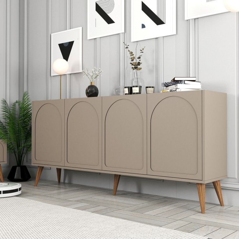 Credenza Grigio Tortora Marrone Noce 2 Ripiani 4 Ante 180x35x81h cm, 4 Vani - Niscemi