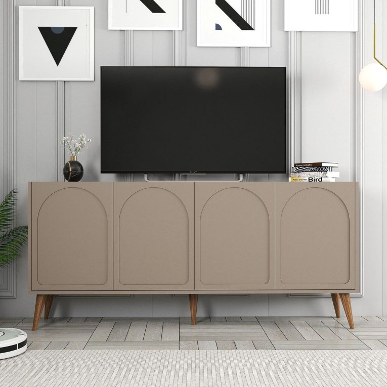 Credenza Grigio Tortora Marrone Noce 2 Ripiani 4 Ante 180x35x81h cm, 4 Vani - Niscemi