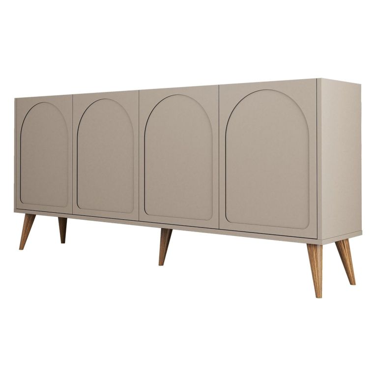 Credenza Grigio Tortora Marrone Noce 2 Ripiani 4 Ante 180x35x81h cm, 4 Vani - Niscemi