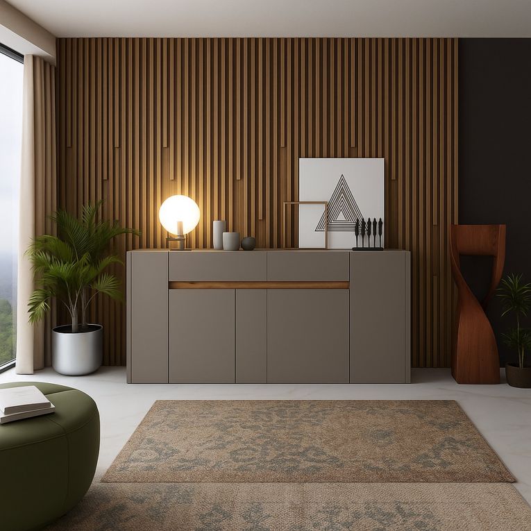 Credenza Grigio Tortora Marrone Quercia 3 Ripiani un Cassetto 170x40x85h cm, 4 Ante - Cirimido