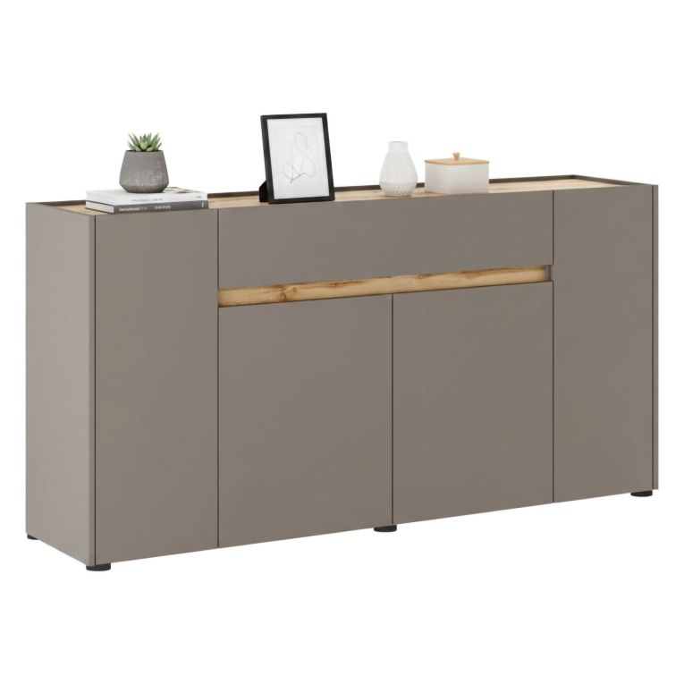 Credenza Grigio Tortora Marrone Quercia 3 Ripiani un Cassetto 170x40x85h cm, 4 Ante - Cirimido