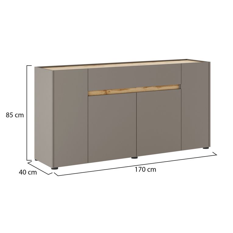 Credenza Grigio Tortora Marrone Quercia 3 Ripiani un Cassetto 170x40x85h cm, 4 Ante - Cirimido