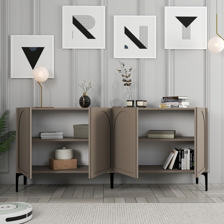 Credenza Grigio Tortora Nero 2 Ripiani 4 Vani 180x35x79h cm, 4 Ante - Torno