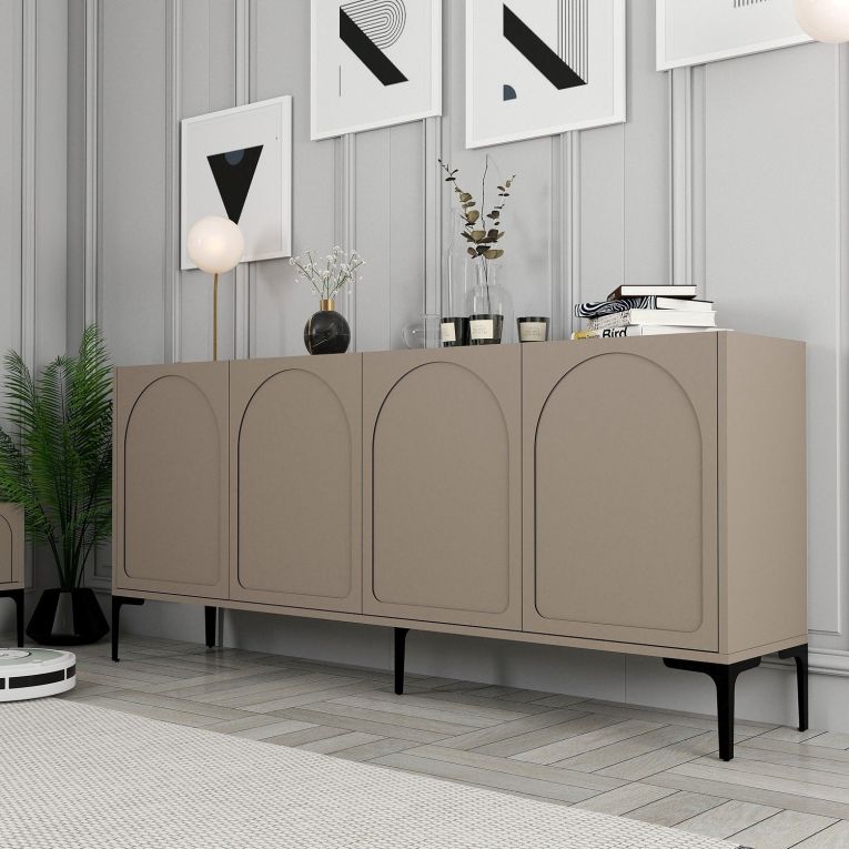 Credenza Grigio Tortora Nero 2 Ripiani 4 Vani 180x35x79h cm, 4 Ante - Torno