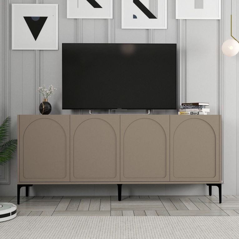 Credenza Grigio Tortora Nero 2 Ripiani 4 Vani 180x35x79h cm, 4 Ante - Torno