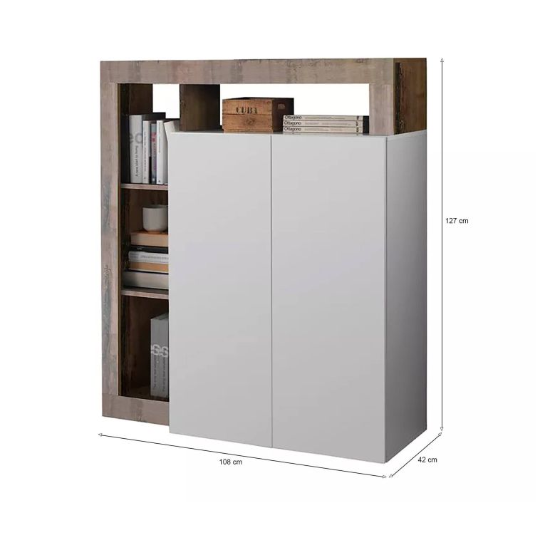 Credenza Gusana, Buffet da soggiorno, Madia da salotto, Dispensa da cucina, Made in Italy, 108x42 h127 cm, Bianco lucido e Acacia