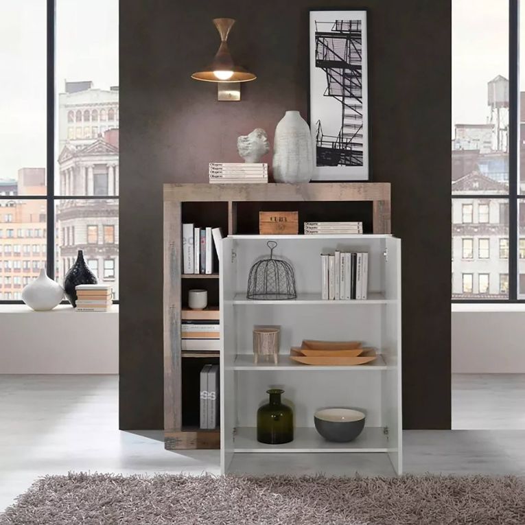 Credenza Gusana, Buffet da soggiorno, Madia da salotto, Dispensa da cucina, Made in Italy, 108x42 h127 cm, Bianco lucido e Acacia