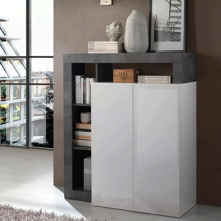 Credenza Gusana, Buffet da soggiorno, Madia da salotto, Dispensa da cucina, Made in Italy, 108x42 h127 cm, Bianco lucido e Ardesia