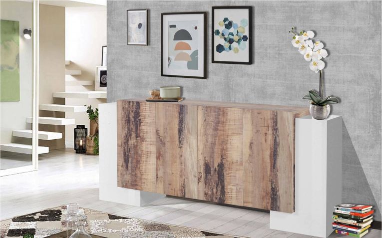 Credenza Hades, cm 210x45h85, Bianco lucido e Acero