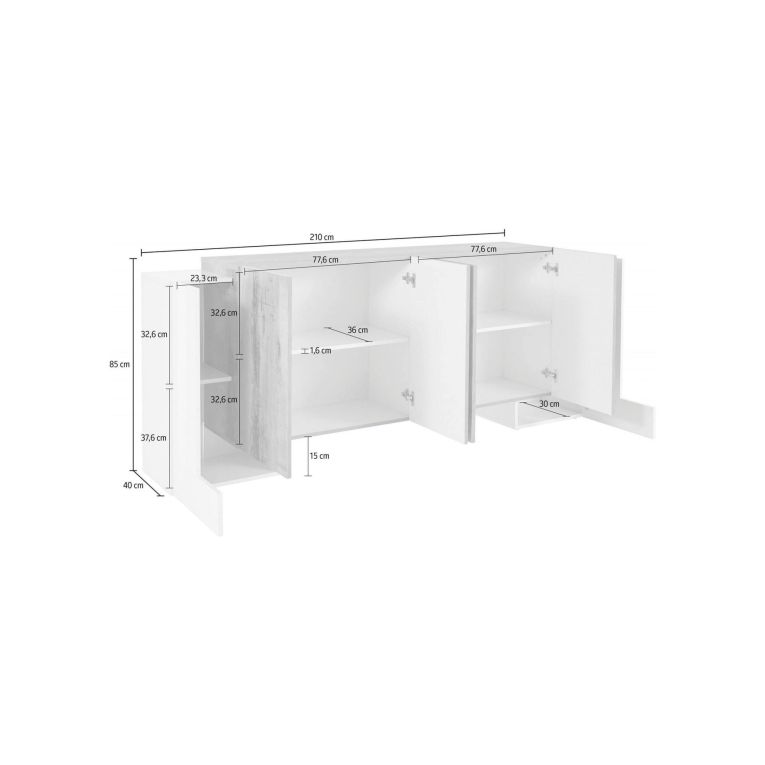 Credenza Hades, cm 210x45h85, Bianco lucido e Acero