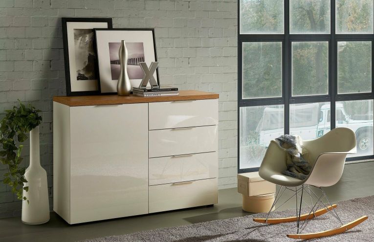 Credenza Harare, Buffet da soggiorno, Madia da salotto, Dispensa da cucina, Made in Italy, 120x43h89 cm, Bianco lucido e Rovere