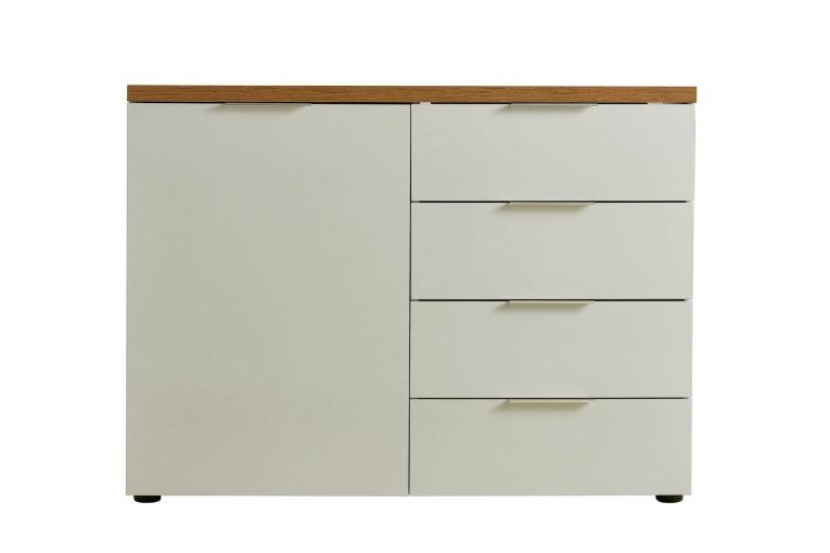 Credenza Harare, Buffet da soggiorno, Madia da salotto, Dispensa da cucina, Made in Italy, 120x43h89 cm, Bianco lucido e Rovere