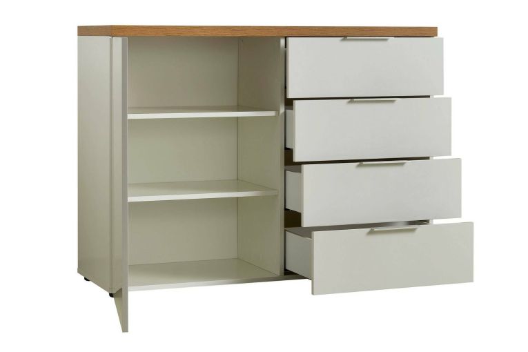 Credenza Harare, Buffet da soggiorno, Madia da salotto, Dispensa da cucina, Made in Italy, 120x43h89 cm, Bianco lucido e Rovere