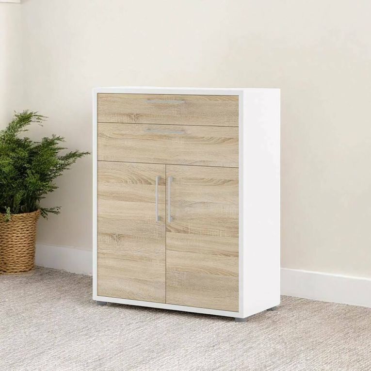 Credenza Jemima, Buffet da soggiorno, Madia da salotto, Dispensa da cucina, 40x89 h113 cm, Bianco e Quercia