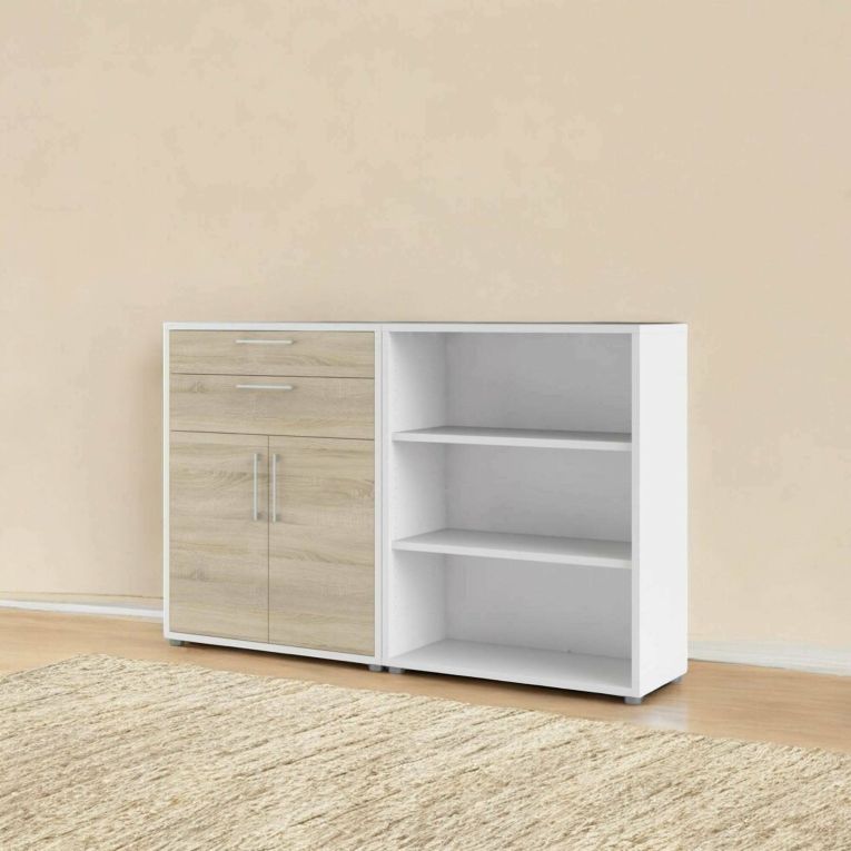 Credenza Josepha, Buffet da soggiorno, Madia da salotto, Dispensa da cucina, 178x40 h113 cm, Bianco e Quercia
