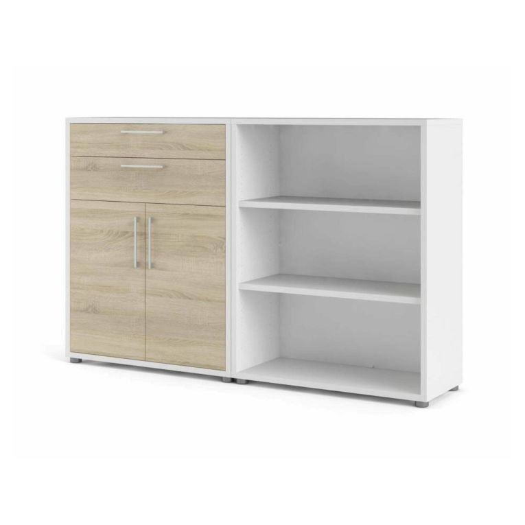 Credenza Josepha, Buffet da soggiorno, Madia da salotto, Dispensa da cucina, 178x40 h113 cm, Bianco e Quercia
