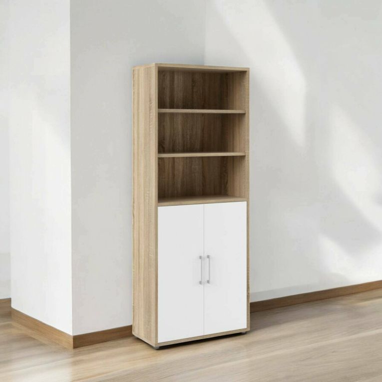 Credenza Karine, Buffet da soggiorno, Madia da salotto, Dispensa da cucina, 89x40 h222 cm, Quercia e Bianco