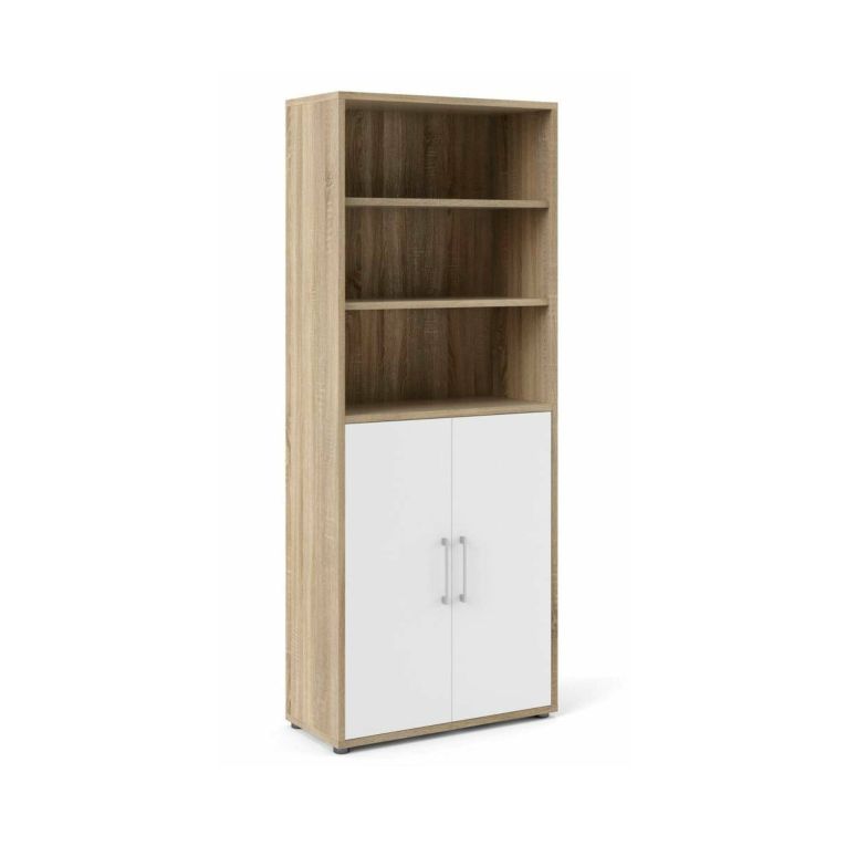 Credenza Karine, Buffet da soggiorno, Madia da salotto, Dispensa da cucina, 89x40 h222 cm, Quercia e Bianco