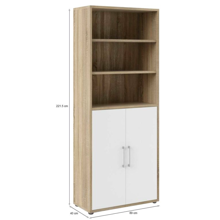 Credenza Karine, Buffet da soggiorno, Madia da salotto, Dispensa da cucina, 89x40 h222 cm, Quercia e Bianco