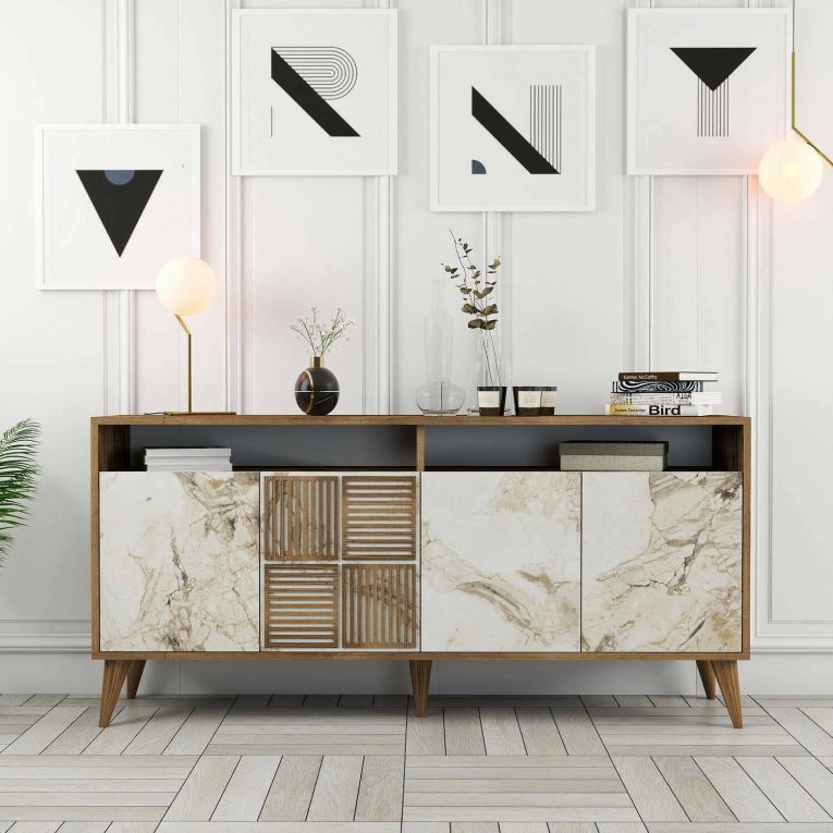 Credenza Kepler, Buffet da soggiorno, Madia da salotto, Dispensa da cucina, 160x35 h78 cm, Noce e Grigio
