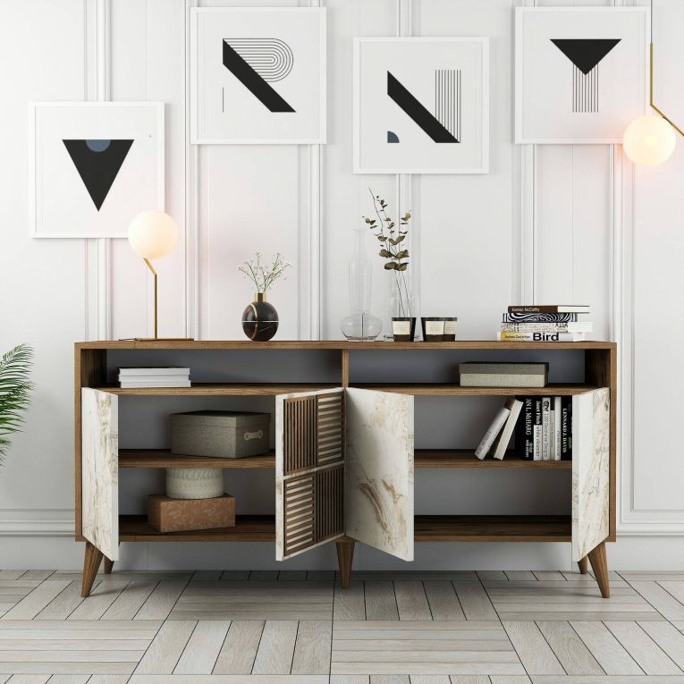 Credenza Kepler, Buffet da soggiorno, Madia da salotto, Dispensa da cucina, 160x35 h78 cm, Noce e Grigio
