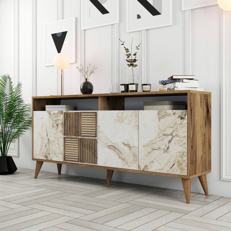Credenza Kepler, Buffet da soggiorno, Madia da salotto, Dispensa da cucina, 160x35 h78 cm, Noce e Grigio