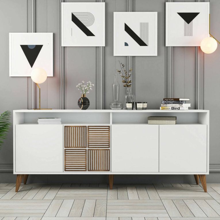 Credenza Kepler, Buffet da soggiorno, Madia da salotto, Dispensa da cucina, 180x35 h79 cm, Bianco