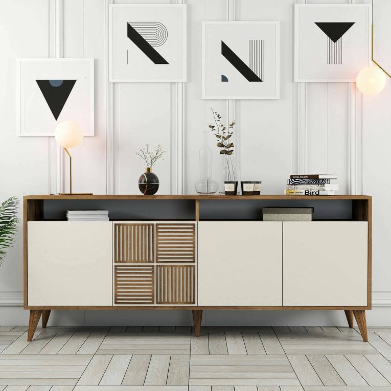 Credenza Kepler, Buffet da soggiorno, Madia da salotto, Dispensa da cucina, 180x35 h79 cm, Noce e Crema