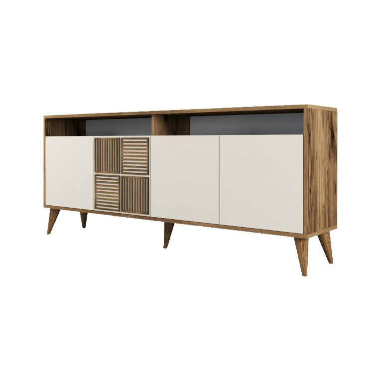 Credenza Kepler, Buffet da soggiorno, Madia da salotto, Dispensa da cucina, 180x35 h79 cm, Noce e Crema
