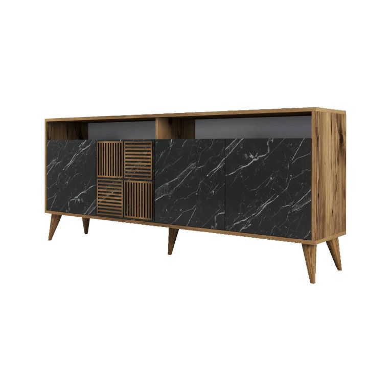 Credenza Kepler, Buffet da soggiorno, Madia da salotto, Dispensa da cucina, 180x35 h79 cm, Noce e Nero