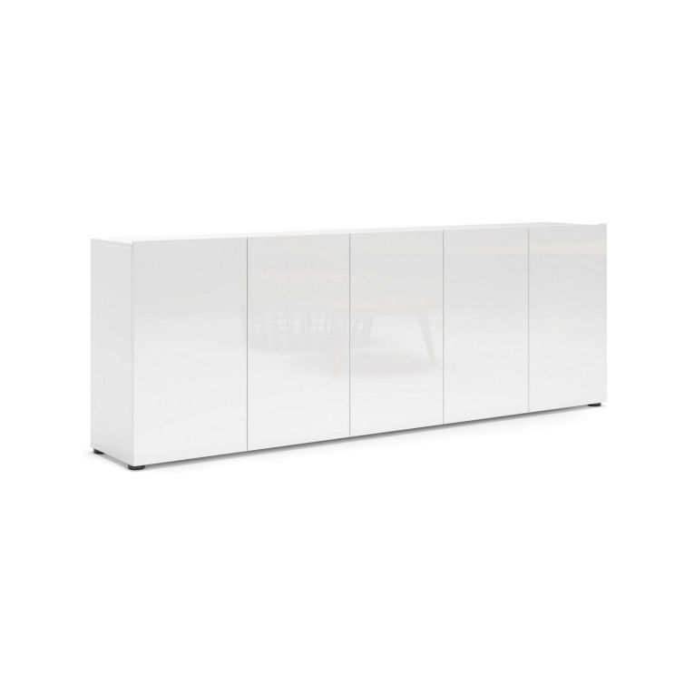 Credenza Komani, Buffet da soggiorno, Madia da salotto, Dispensa da cucina, Made in Italy, 225x38h79 cm, Bianco lucido
