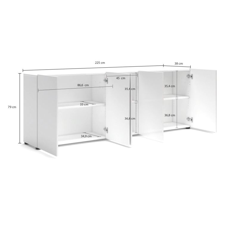 Credenza Komani, Buffet da soggiorno, Madia da salotto, Dispensa da cucina, Made in Italy, 225x38h79 cm, Bianco lucido