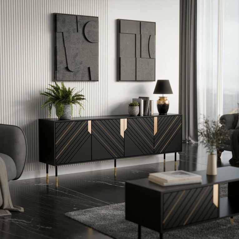 Credenza Landiona, 204x40 h72 cm, Nero e Oro