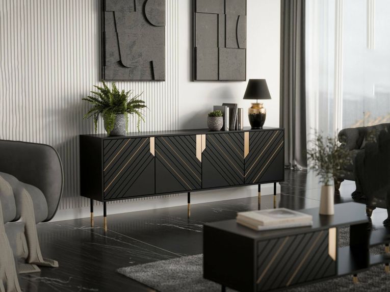 Credenza Landiona, 204x40 h72 cm, Nero e Oro