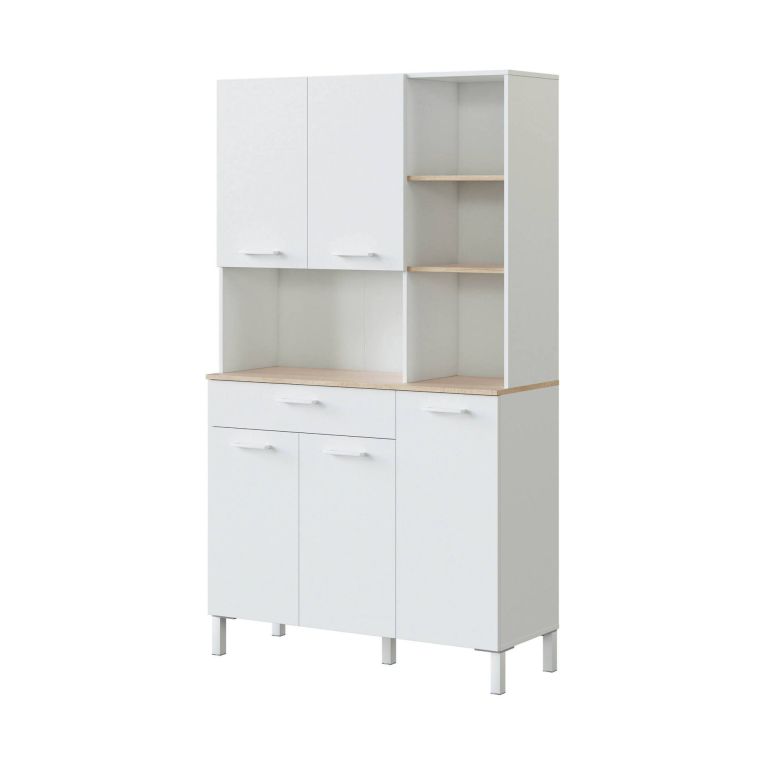 Credenza- Laredo, Mobile ausiliario da cucina, Credenza a 5 ante e 1 cassetto con ripiani, Armadio aperto, 108x40h186 cm, Bianco e Rovere