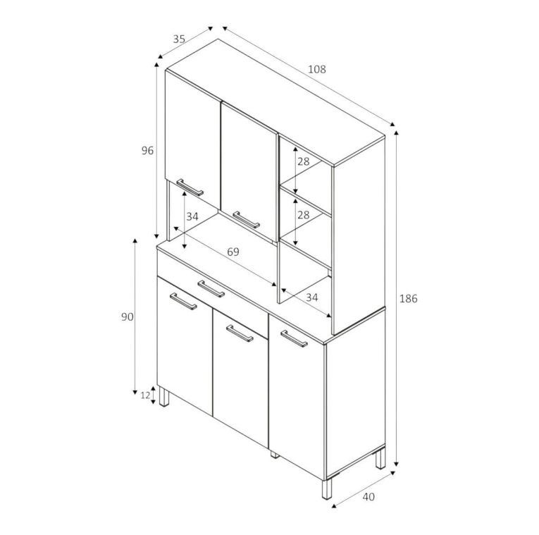 Credenza- Laredo, Mobile ausiliario da cucina, Credenza a 5 ante e 1 cassetto con ripiani, Armadio aperto, 108x40h186 cm, Bianco e Rovere