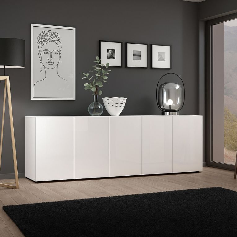 Credenza larga bianco lucida 225x38x79h cm 5 ante - Macaria