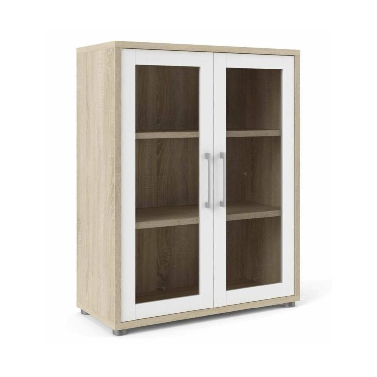 Credenza Laureen, Buffet da soggiorno, Madia da salotto, Dispensa da cucina, 89x40 h113 cm, Quercia e Bianco