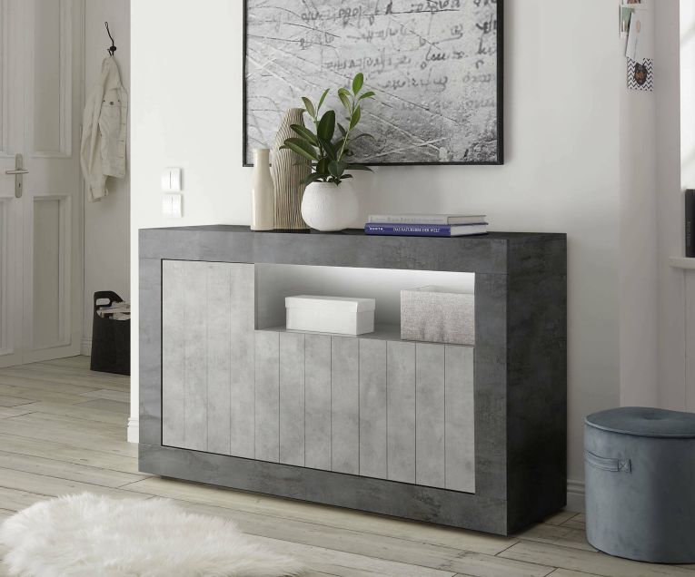 Credenza Ledro, Buffet da soggiorno, Madia da salotto, Dispensa da cucina, Made in Italy, 138x42 h86 cm, Ardesia e Cemento